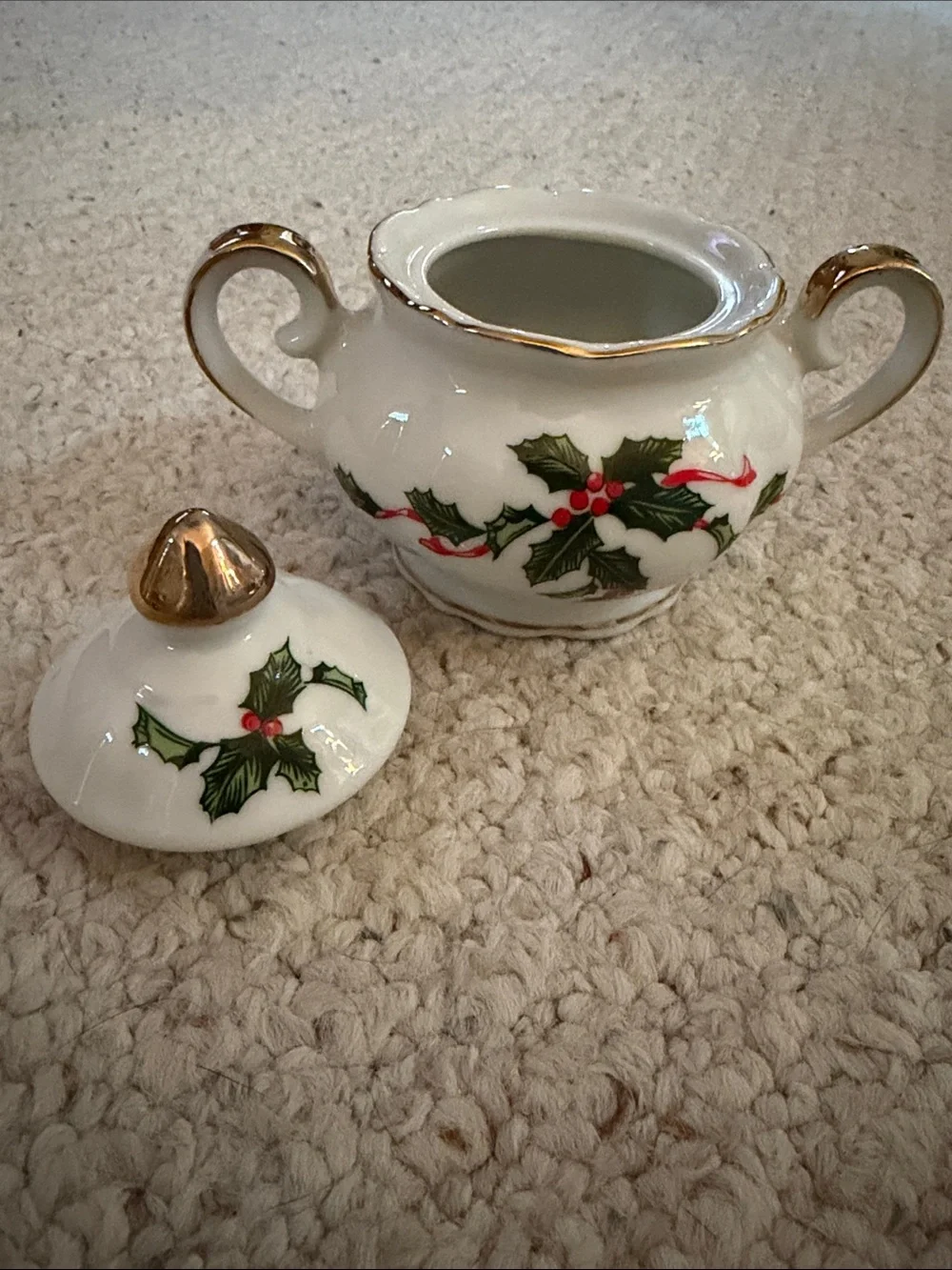 Holiday Holly Sugar Bowl with Gold Trim - White and Red